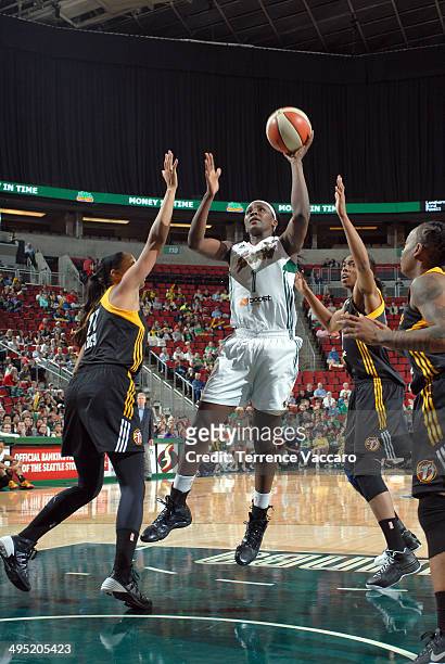 Crystal Langhorne of the Seattle Storm shoots against the Tulsa Shock during the game on June 1,2014 at Key Arena in Seattle, Washington. NOTE TO...