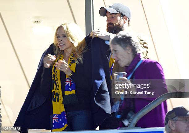 Kylie Minogue and Joshua Sasse attend the Rugby World Cup Final match between New Zealand and Australia during the Rugby World Cup 2015 at Twickenham...