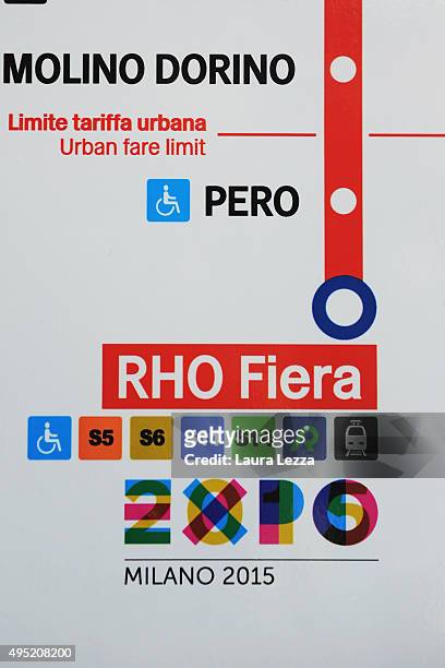 Detail of the Metro Map with the Expo Metro Station is displayed during the closing day of the exhibition on October 31, 2015 in Milan, Italy. The...