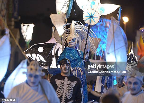 Performers make their way along the parade route as over 30,000 people take part in Europe's largest Halloween street parade on October 31, 2015 in...