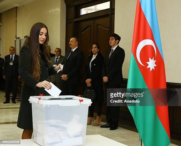 Azerbaijani president Ilham Aliyev's daughter Arzu Aliyeva casts her vote during the parliamentary elections at a polling station in Baku, Azerbaijan...