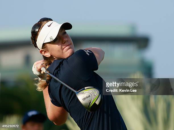 Amy Anderson of United States tee off at 10th green at final round on Day 7 of Blue Bay LPGA 2015 at Jian Lake Blue Bay golf course on November 1,...