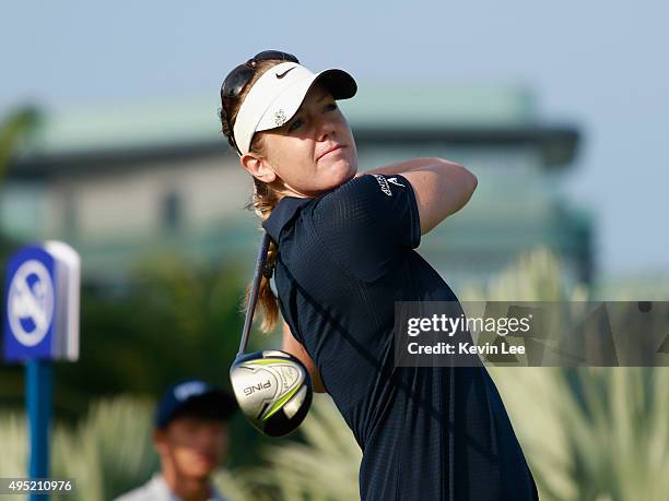 Amy Anderson of United States tee off at 10th green at final round on Day 7 of Blue Bay LPGA 2015 at Jian Lake Blue Bay golf course on November 1,...