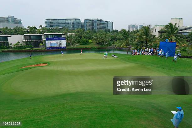 View from club house as players compete at the 18th hole in the final round on Day 7 of Blue Bay LPGA 2015 at Jian Lake Blue Bay golf course on...
