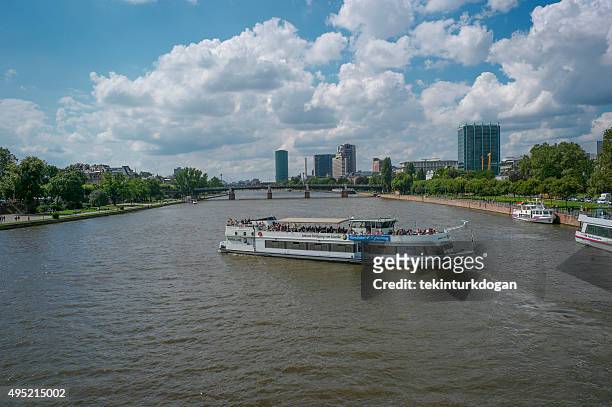 tourist boats by river rhein at frankfurt germany - frankfurt oder stock pictures, royalty-free photos & images