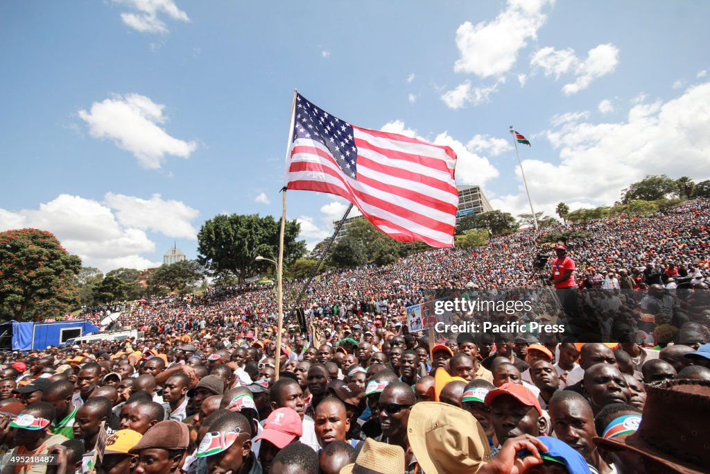 Kenyan opposition supporters attend a public rally at Uhuru...