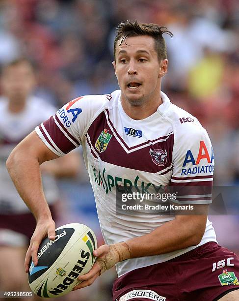 Jack Littlejohn looks to pass during the round 12 NRL match between the Brisbane Broncos and the Manly-Warringah Sea Eagles at Suncorp Stadium on...