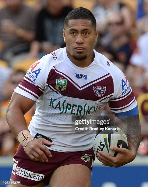 Jorge Taufua of the Sea Eagles runs with the ball during the round 12 NRL match between the Brisbane Broncos and the Manly-Warringah Sea Eagles at...