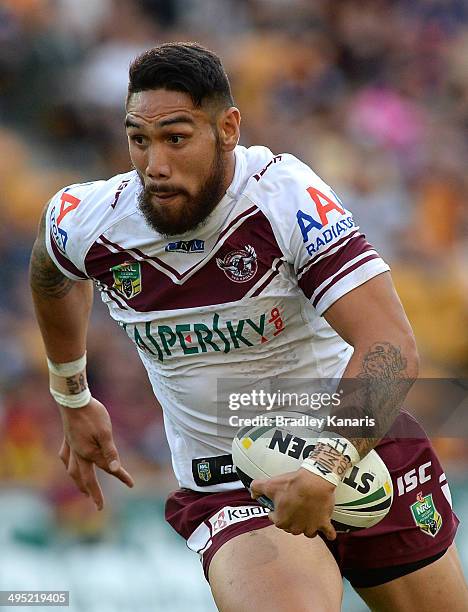 Jesse Sene-Lefao of the Sea Eagles runs with the ball during the round 12 NRL match between the Brisbane Broncos and the Manly-Warringah Sea Eagles...