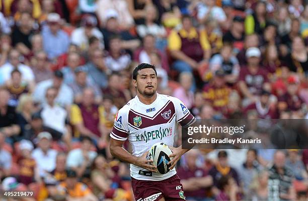 Peta Hiku of the Sea Eagles runs with the ball during the round 12 NRL match between the Brisbane Broncos and the Manly-Warringah Sea Eagles at...