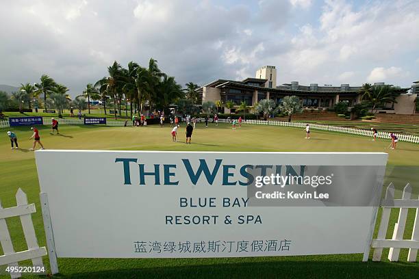 Sign stands on the practise area at the final round on Day 7 of Blue Bay LPGA 2015 at Jian Lake Blue Bay golf course on November 1, 2015 in Hainan...