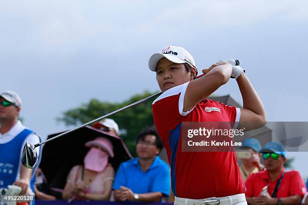 Haru Nomura of Japan tee off at 1st green at final round on Day 7 of Blue Bay LPGA 2015 at Jian Lake Blue Bay golf course on November 1, 2015 in...