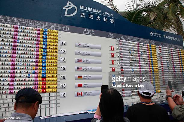 Spectators take picture of the leaderboard at the end of the match on Day 7 of Blue Bay LPGA 2015 at Jian Lake Blue Bay golf course on November 1,...