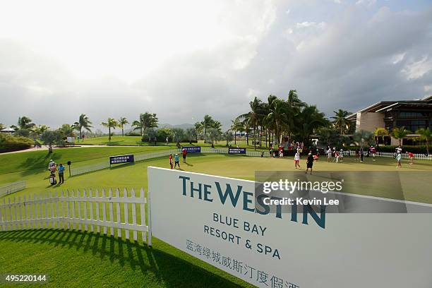 Sign stands on the practise area at the final round on Day 7 of Blue Bay LPGA 2015 at Jian Lake Blue Bay golf course on November 1, 2015 in Hainan...