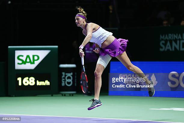 Petra Kvitova of Czech Republic in action during the final match against Agnieszka Radwanska of Poland during the BNP Paribas WTA Finals at Singapore...