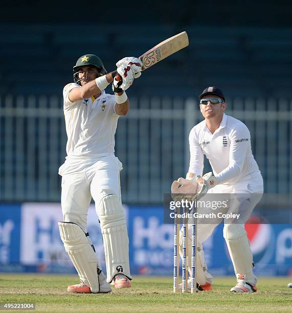 Pakistan captain Misbah-ul-Haq bats during day one of the 3rd Test between Pakistan and England at Sharjah Cricket Stadium on November 1, 2015 in...