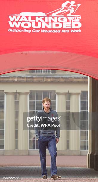 Prince Harry meets with members of the Walking With The Wounded team in the forecourt of Buckingham Palace after their latest endeavour, the Walk Of...