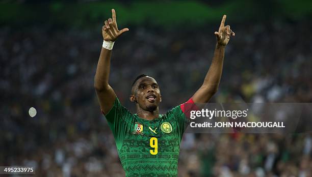 Cameroon's captain Samuel Eto'o celebrates after opening the score during the friendly football match Germany vs Cameroon in preparation for the FIFA...
