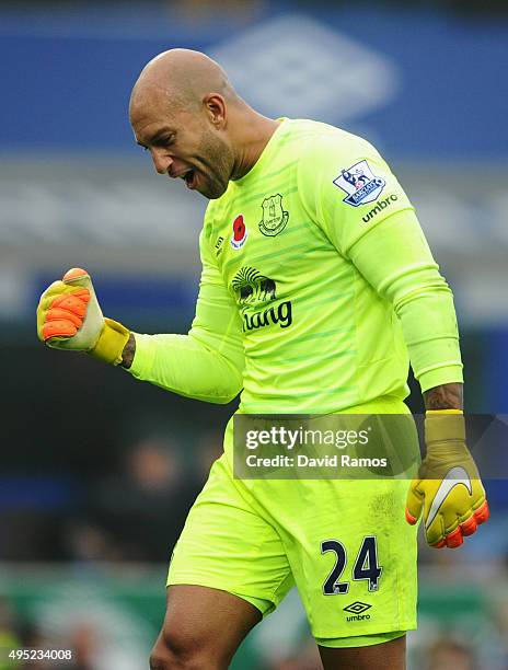 Tim Howard of Everton celebrates during the Barclays Premier League match between Everton and Sunderland at Goodison Park on November 1, 2015 in...