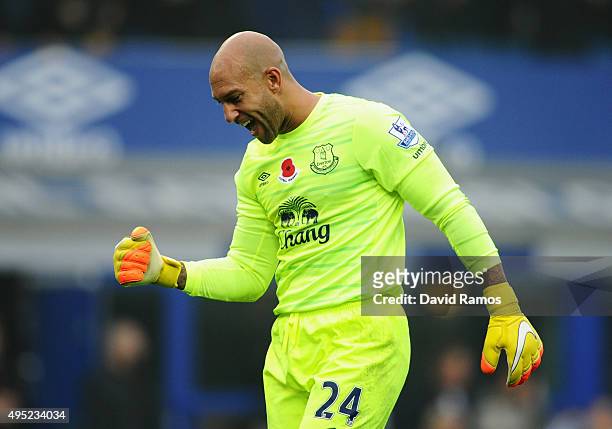 Tim Howard of Everton celebrates during the Barclays Premier League match between Everton and Sunderland at Goodison Park on November 1, 2015 in...
