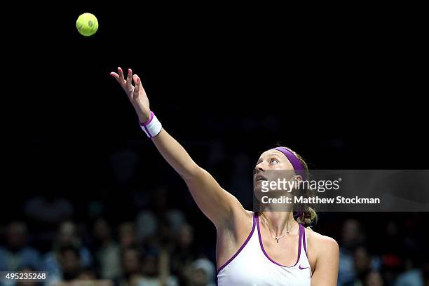 Petra Kvitova of Czech Republic in action during the final match against Agnieszka Radwanska of Poland during the BNP Paribas WTA Finals at Singapore...