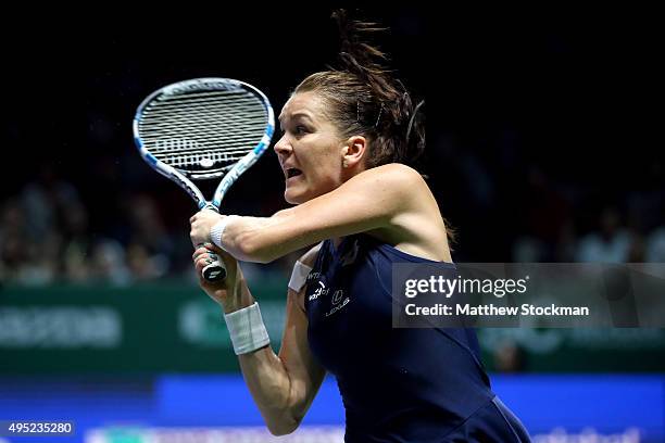 Agnieszka Radwanska of Poland in action during the final match against Petra Kvitova of Czech Republic during the BNP Paribas WTA Finals at Singapore...