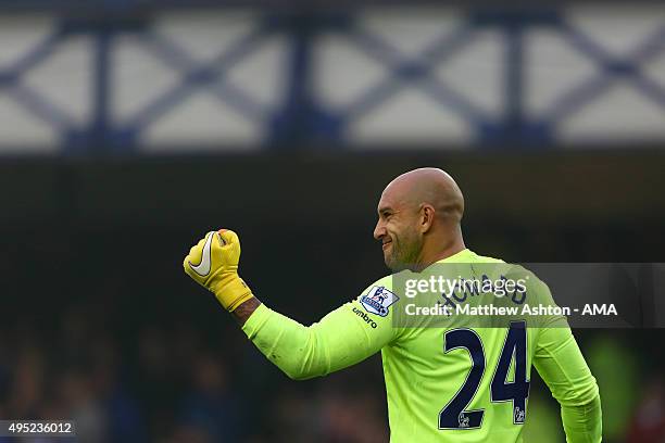 Tim Howard of Everton celebrates during the 6-2 victory during the Barclays Premier League match between Everton and Sunderland at Goodison Park on...