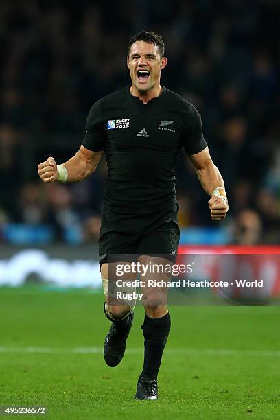 Dan Carter of the New Zealand All Blacks celebrates victory at the final whistle during the 2015 Rugby World Cup Final match between New Zealand and...