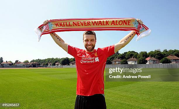 Rickie Lambert new signing for Liverpool poses for a photograph at Melwood Training Ground on May 31, 2014 in Liverpool, England.