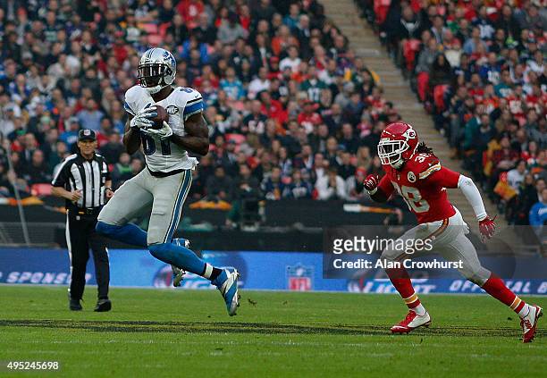 Calvin Johnson of Detroit Lions catches the pass during the NFL game between Kansas City Chiefs and Detroit Lions at Wembley Stadium on November 01,...