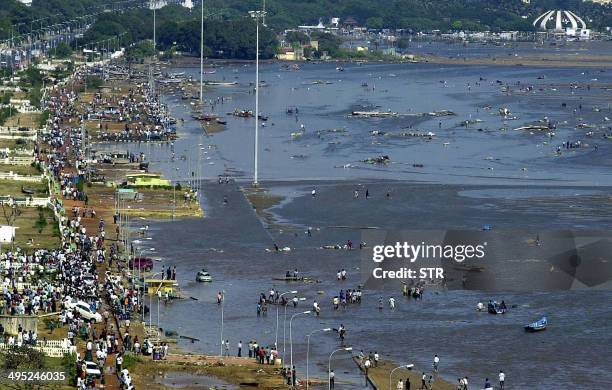 Aerial view of the scene at the Marina beach in Madras, 26 December 2004, after tidal waves hit the region. Tidal waves devastated the south Indian...