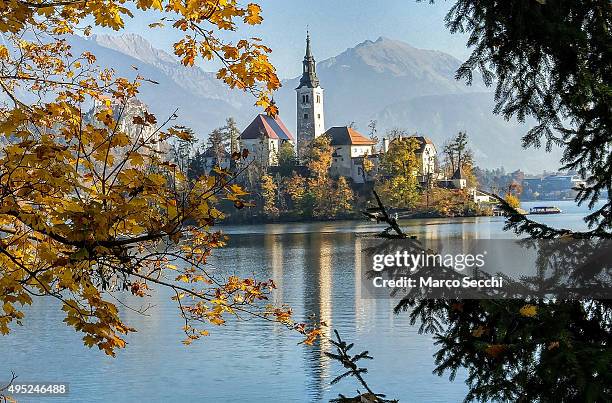 General view of Bled island with its 17th-century church on November 1, 2015 in Bled, Slovenia. Bled Lake in the Julian Alps is known as one of the...