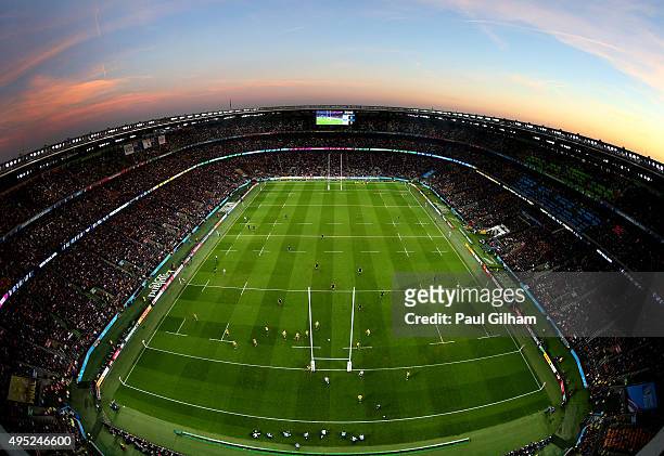 General view as Dan Carter of New Zealand kicks a penalty during the 2015 Rugby World Cup Final match between New Zealand and Australia at Twickenham...