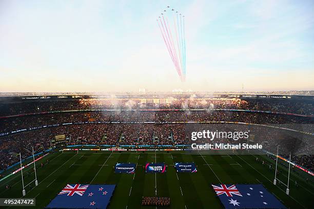 The Red Arrows perform a fly pass during the 2015 Rugby World Cup Final match between New Zealand and Australia at Twickenham Stadium on October 31,...