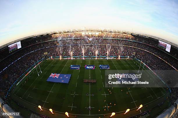 The players enter the field of play ahead of the 2015 Rugby World Cup Final match between New Zealand and Australia at Twickenham Stadium on October...