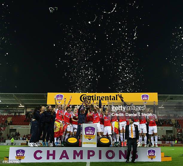 Arsenal Ladies FC celebrate defeating Notss County Ladies FC 3-0 to win the WSL Continental Cup Final between Arsenal Ladies FC and Notts County...
