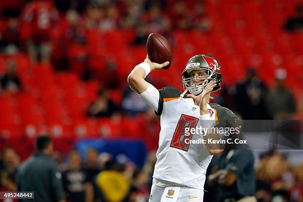 Mike Glennon of the Tampa Bay Buccaneers warms up prior to the game against the Atlanta Falcons at the Georgia Dome on November 1, 2015 in Atlanta,...