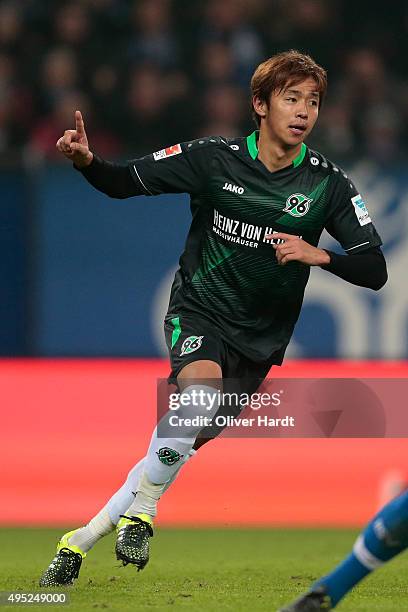Hiroshi Kiyotake of Hannover celebrates after scoring their first goal during the First Bundesliga match between Hamburger SV and Hannover 96 at...