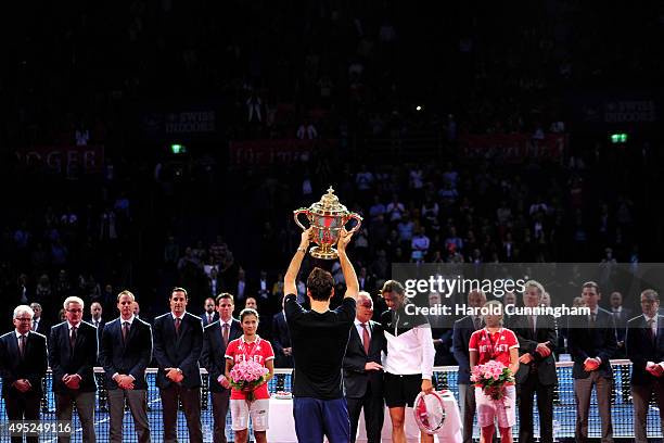 Roger Federer of Switzerland celebrates his victory during the final match of the Swiss Indoors ATP 500 tennis tournament against Rafael Nadal of...