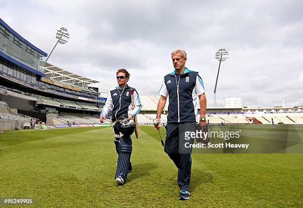 England Head Coach Peter Moores with Eoin Morgan during an England nets session at Edgbaston on June 2, 2014 in Birmingham, England.