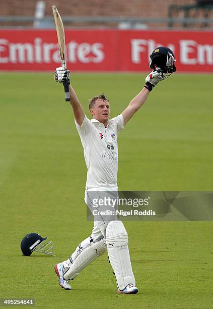 Scott Borthwick of Durham celebrates scoring a double century during The LV County Championship match between Durham and Middlesex at The Riverside...