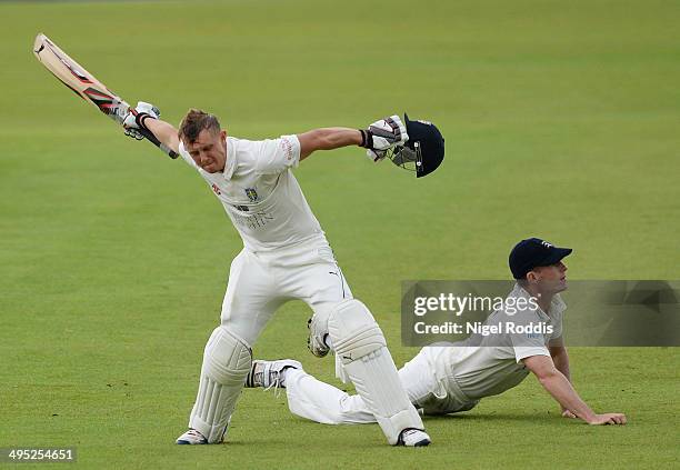 Scott Borthwick of Durham celebrates scoring a double century during The LV County Championship match between Durham and Middlesex at The Riverside...