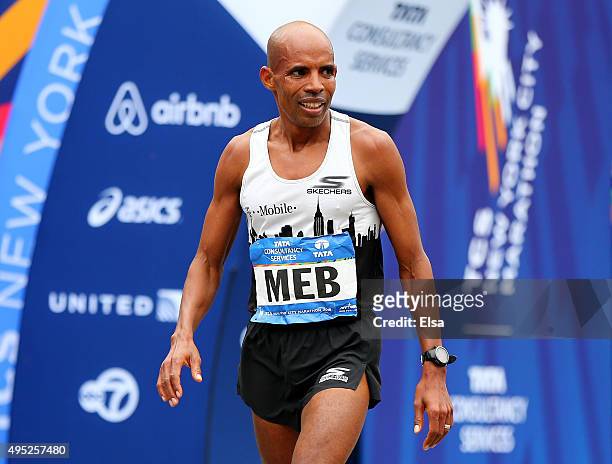 Meb Keflezighi of the United States crosses the finish line during the TCS New York City Marathon on November 1, 2015 in New York City.