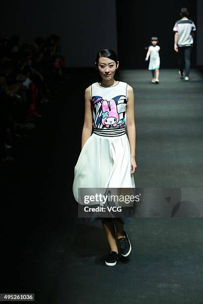 Model showcases designs on the runway at Hello Kitty & My Melody-Comme Tu Es Collection during the Mercedes-Benz China Fashion Week S/S 2016...