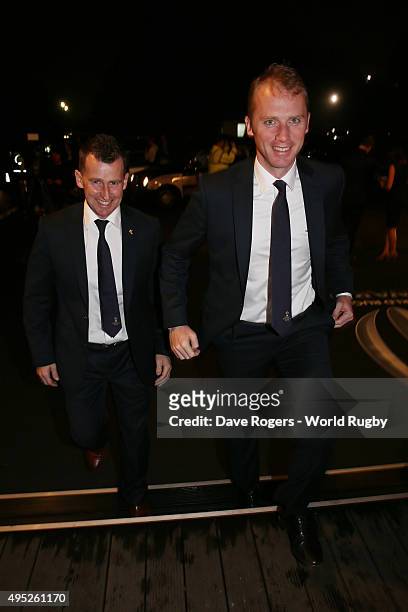 Referees Nigel Owens of Wales and Wayne Barnes of England arrive during the World Rugby via Getty Images Awards 2015 at Battersea Evolution on...