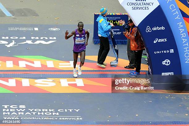 Geoffrey Kipsang Kamworor of Kenya crosses the finish line in 2nd place in the Pro Men's division at TAG Heuer Official Timekeeper and Timepiece of...