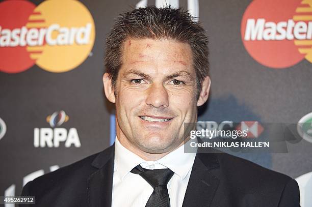 New Zealand rugby captain Richie McCaw poses on arrival at the World Rugby Awards in London on November 1, 2015. AFP PHOTO / NIKLAS HALLE'N