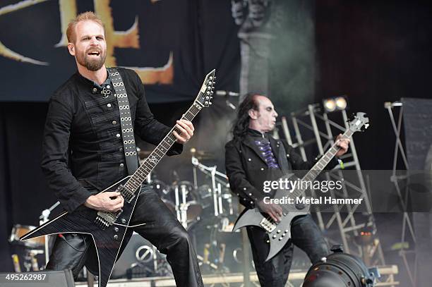 Guitarist Andy Sneap and bassist Tony Speakman of British heavy metal group Hell performing live on stage at Bloodstock Open Air festival in...