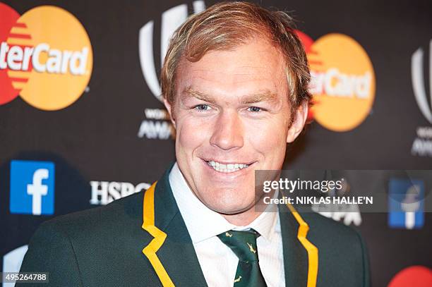 South Africa flanker Schalk Burger poses on arrival at the World Rugby Awards in London on November 1, 2015. / AFP PHOTO / NIKLAS HALLE'N