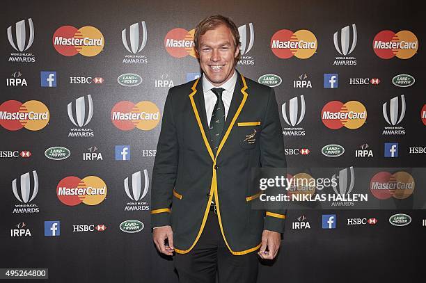 South Africa flanker Schalk Burger poses on arrival at the World Rugby Awards in London on November 1, 2015. AFP PHOTO / NIKLAS HALLE'N